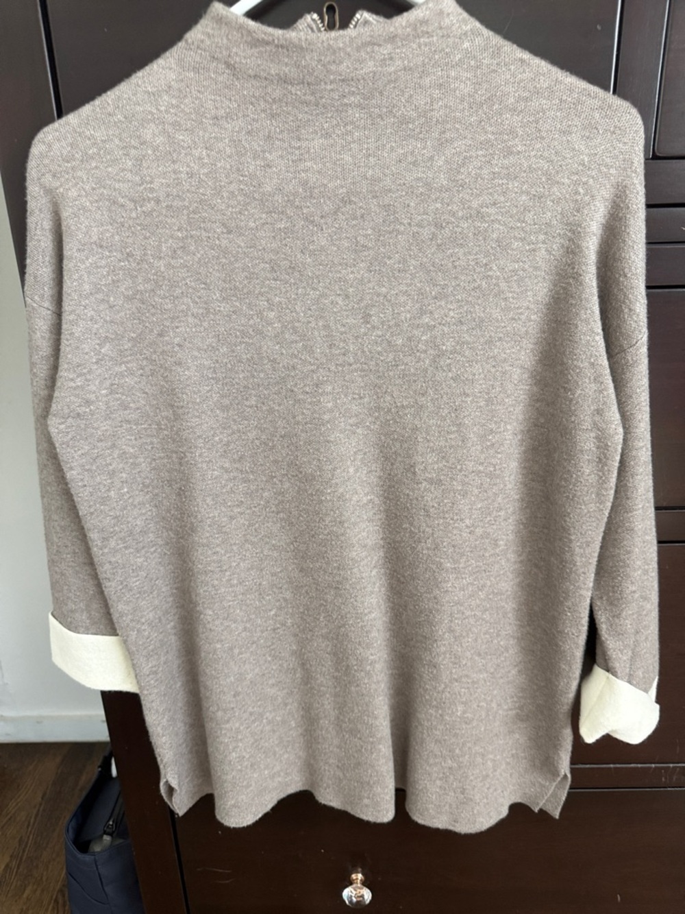 Tahari Taupe Cowl Neck Sweater with Cream Cuff Trim